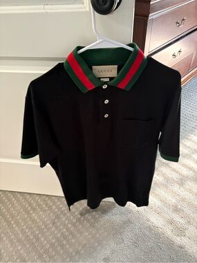 Gucci Black Polo with Green and Red Stripe Collar